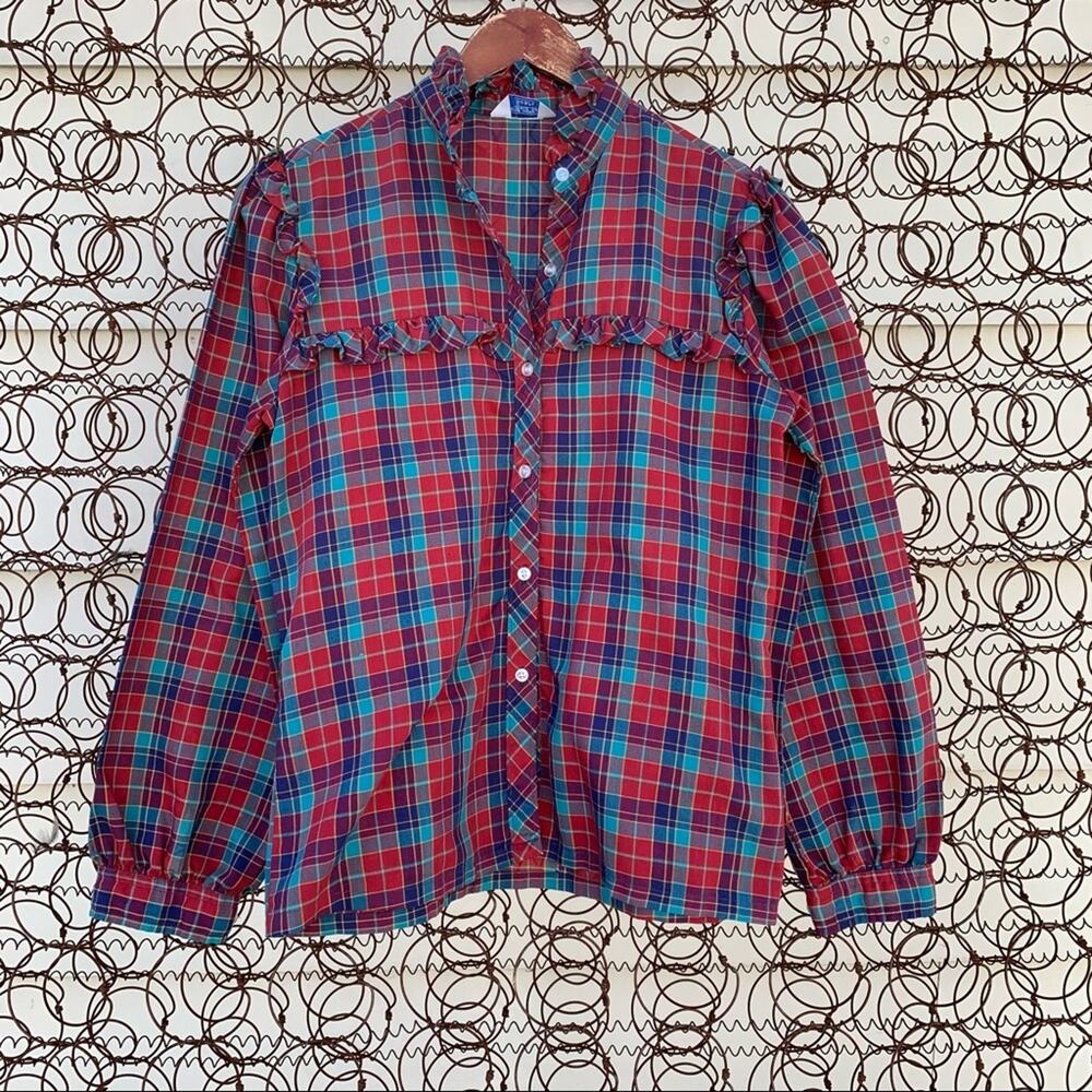 Vintage 70s Sears red blue plaid ruffle blouse